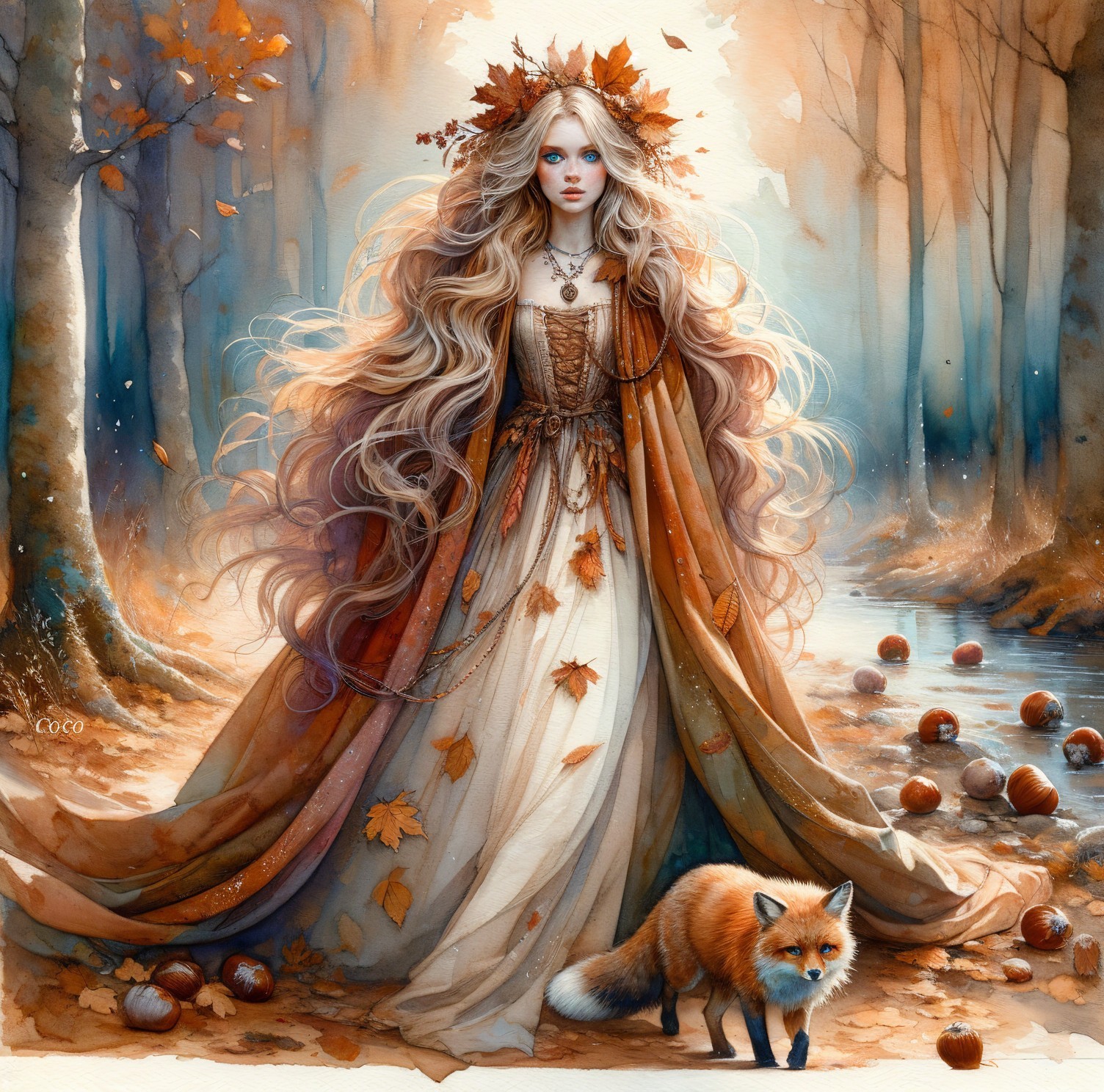 Fairy-tale princess in autumn forest with fox