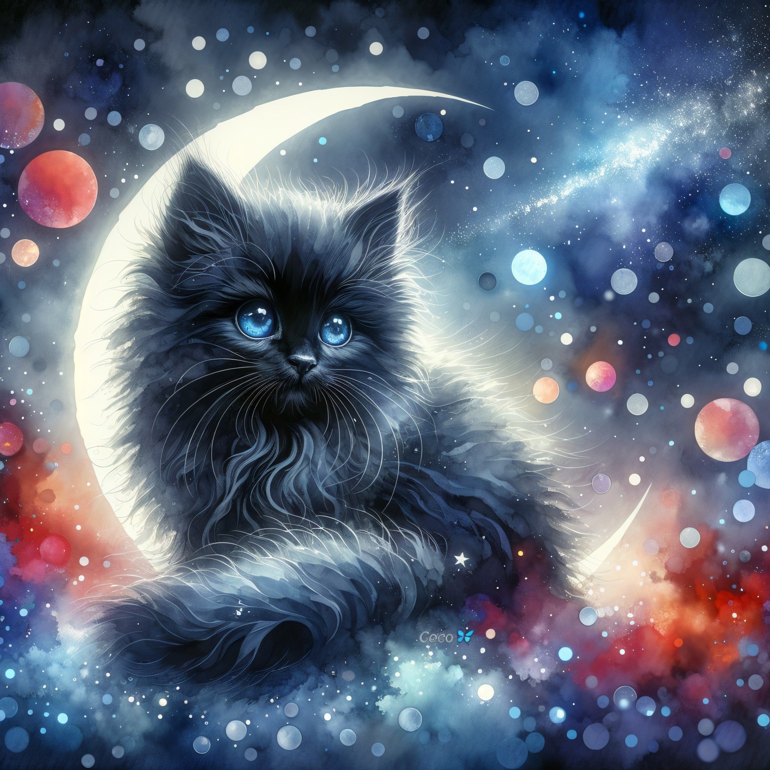 Mystical Black Cat with Blue Eyes in Cosmic Scene