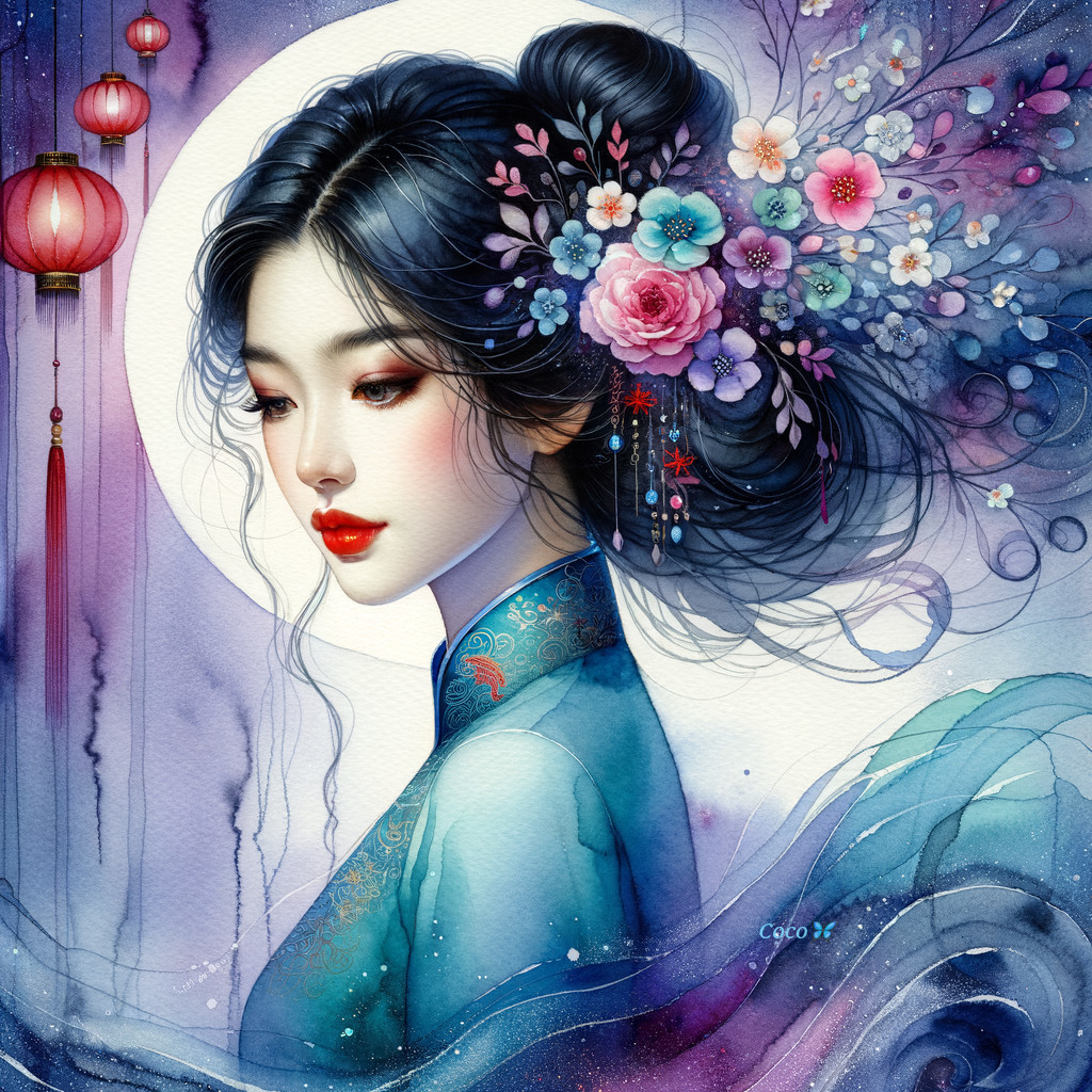 Portrait of a woman in a blue dress with floral details