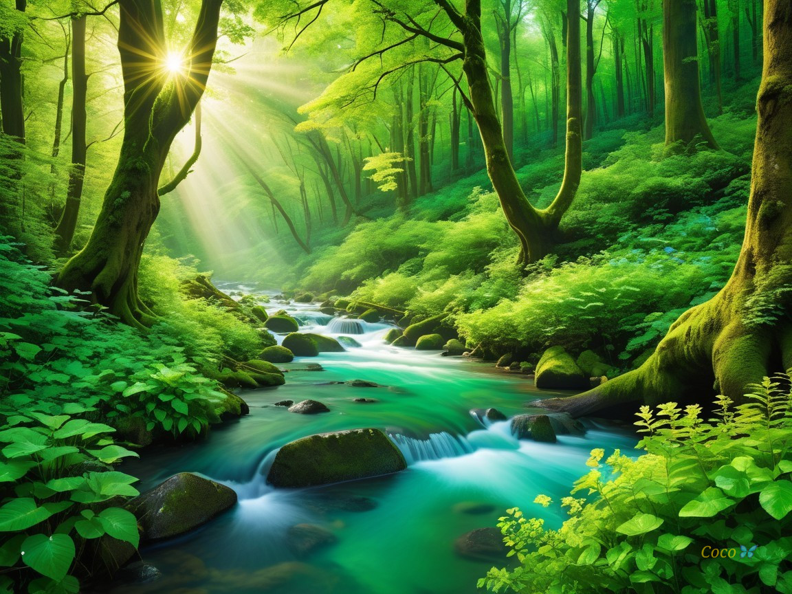 Serene forest scene with sunlight and flowing stream