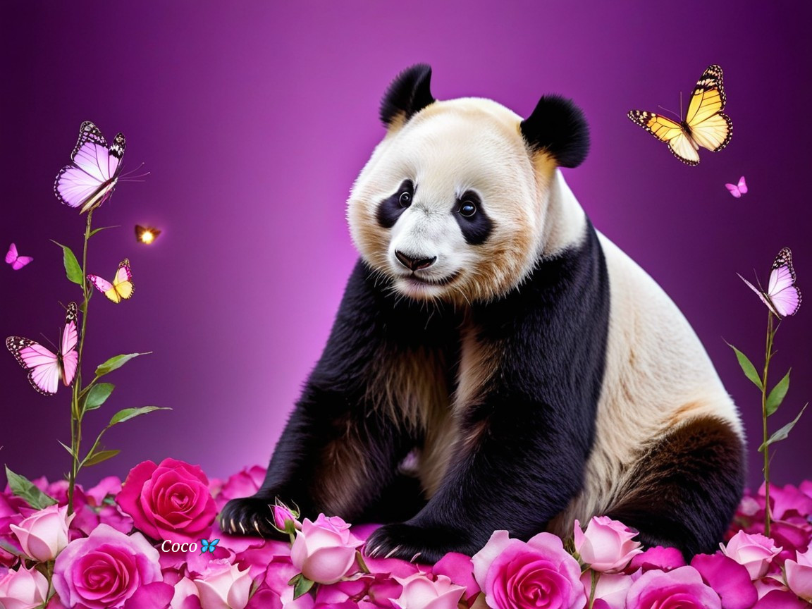 Panda Surrounded by Pink Roses and Butterflies