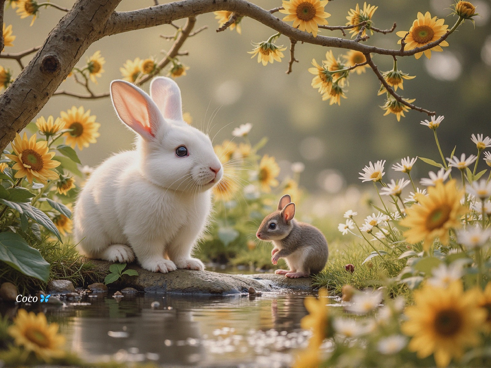 Serene Meadow Scene with Rabbit and Mouse