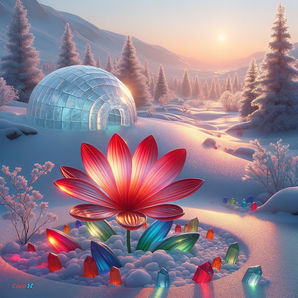 Oversized flower in snowy landscape with gems and igloo