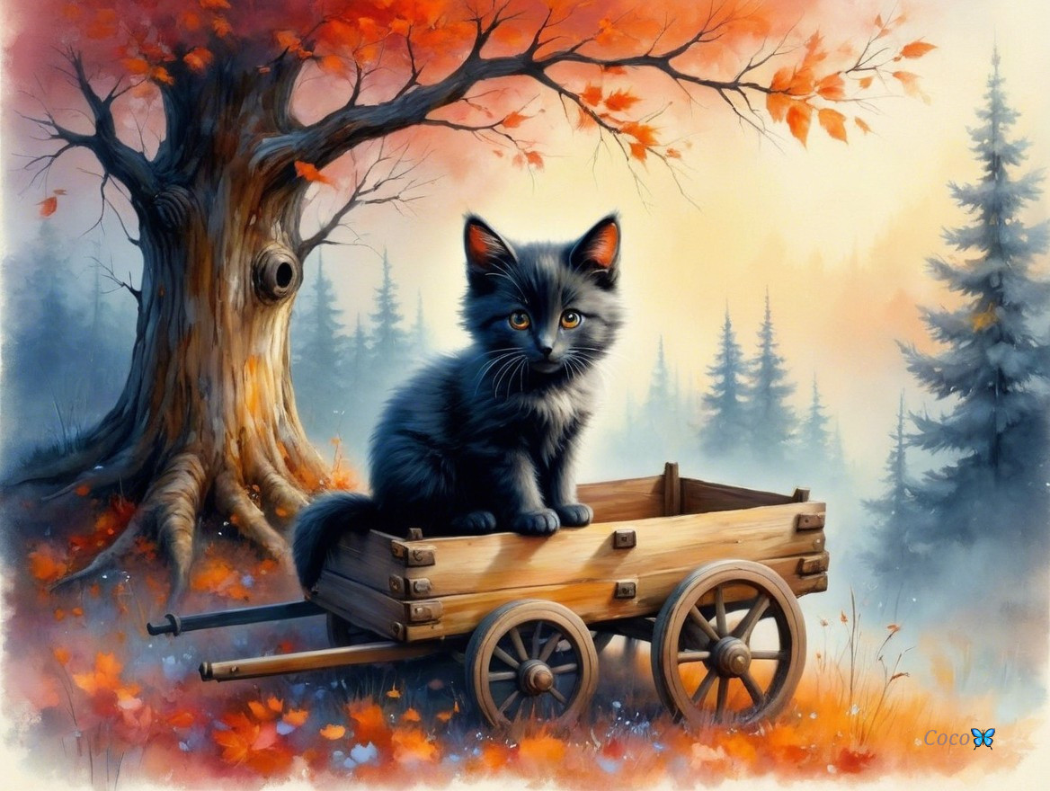 Fluffy Black Kitten in Rustic Cart Amid Autumn Foliage