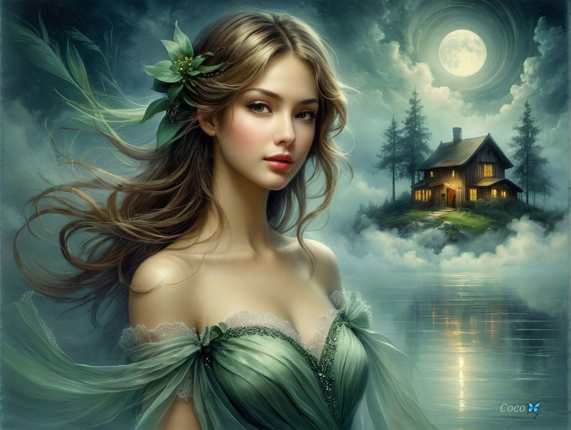 Ethereal Woman in Green Dress by Moonlit Cottage