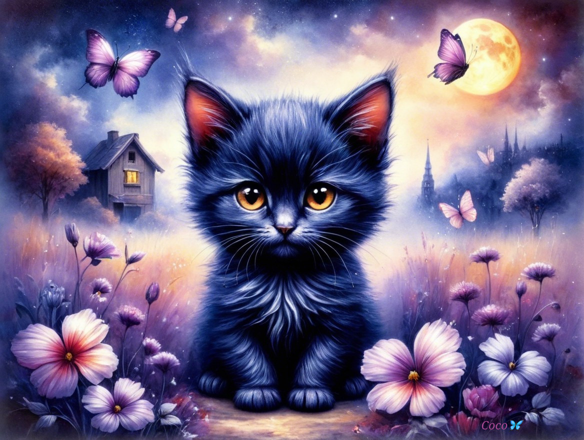 Whimsical Twilight Scene with Black Kitten and Flowers