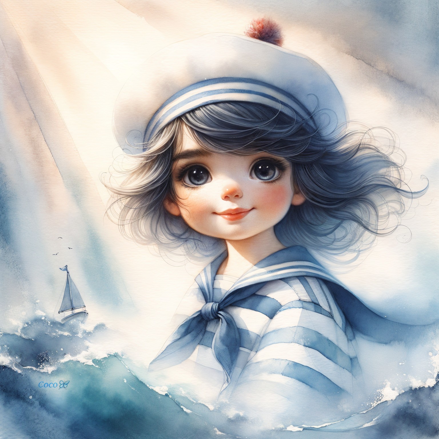 Charming Illustration of a Young Girl in Sailor Outfit