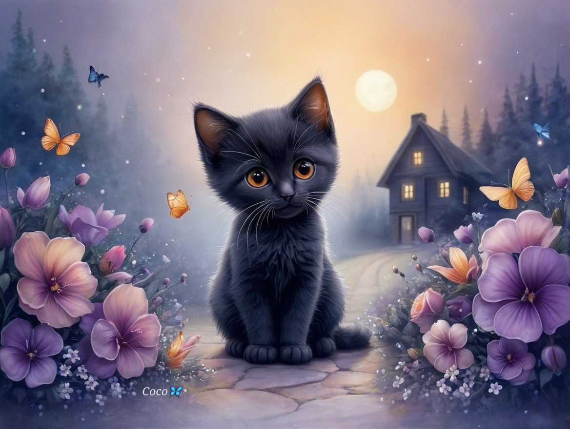 Charming Black Kitten Amidst Flowers and Moonlight