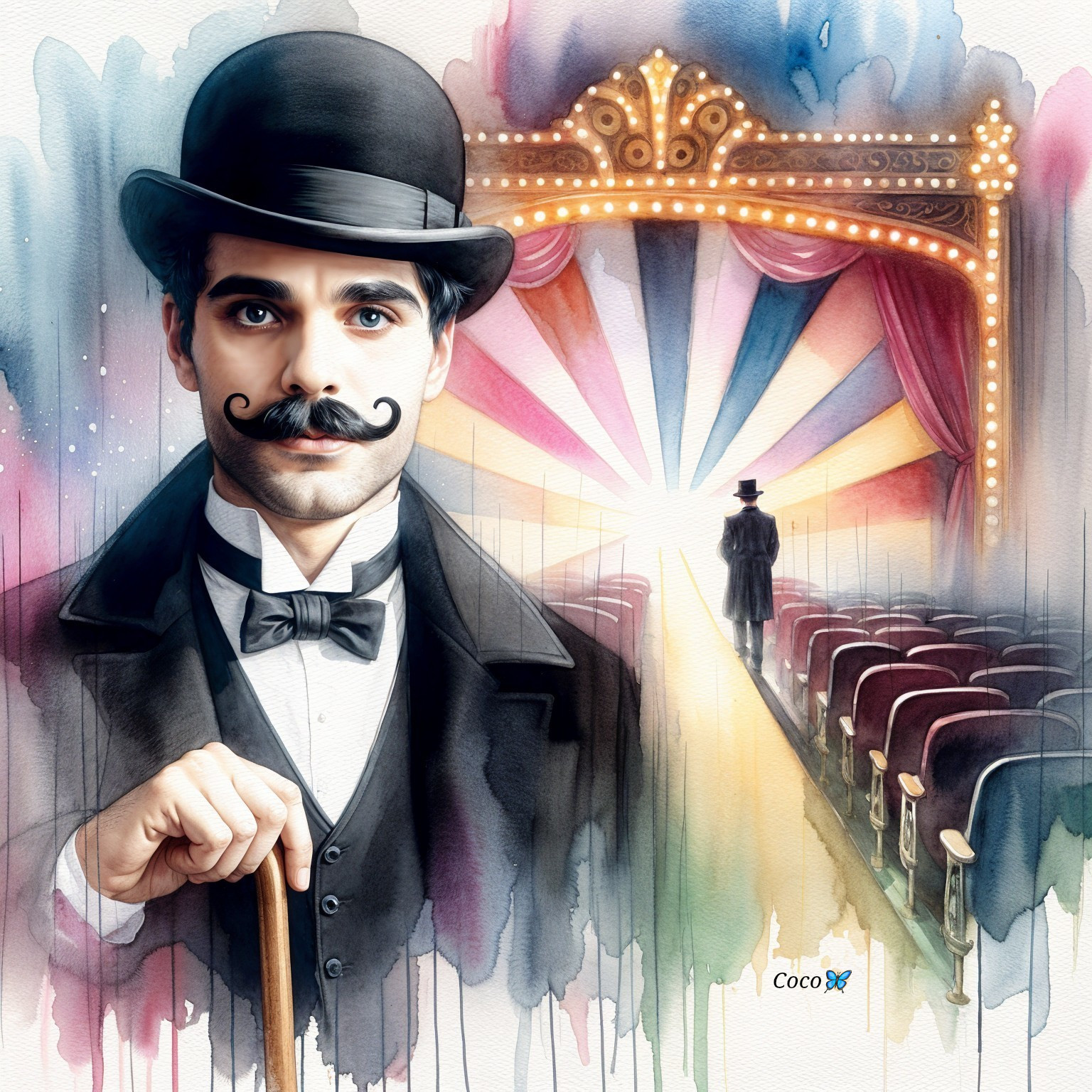 Dapper Man in Formal Attire at a Vibrant Theater Stage