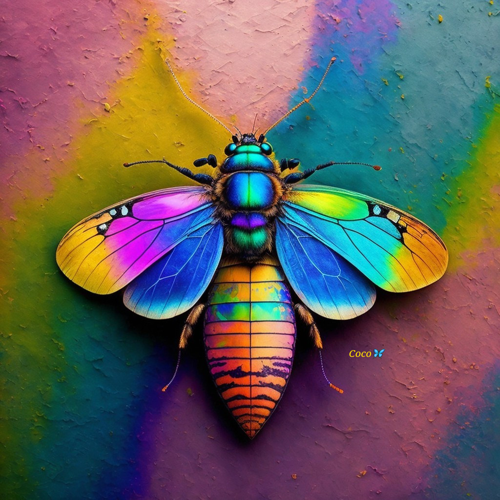 Iridescent Insect with Multicolored Wings on Textured Background