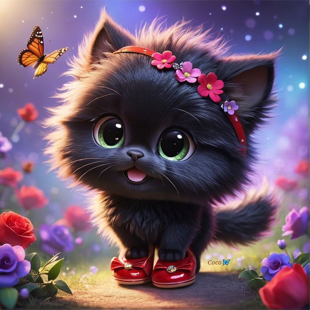 Whimsical Black Kitten in a Vibrant Garden Setting