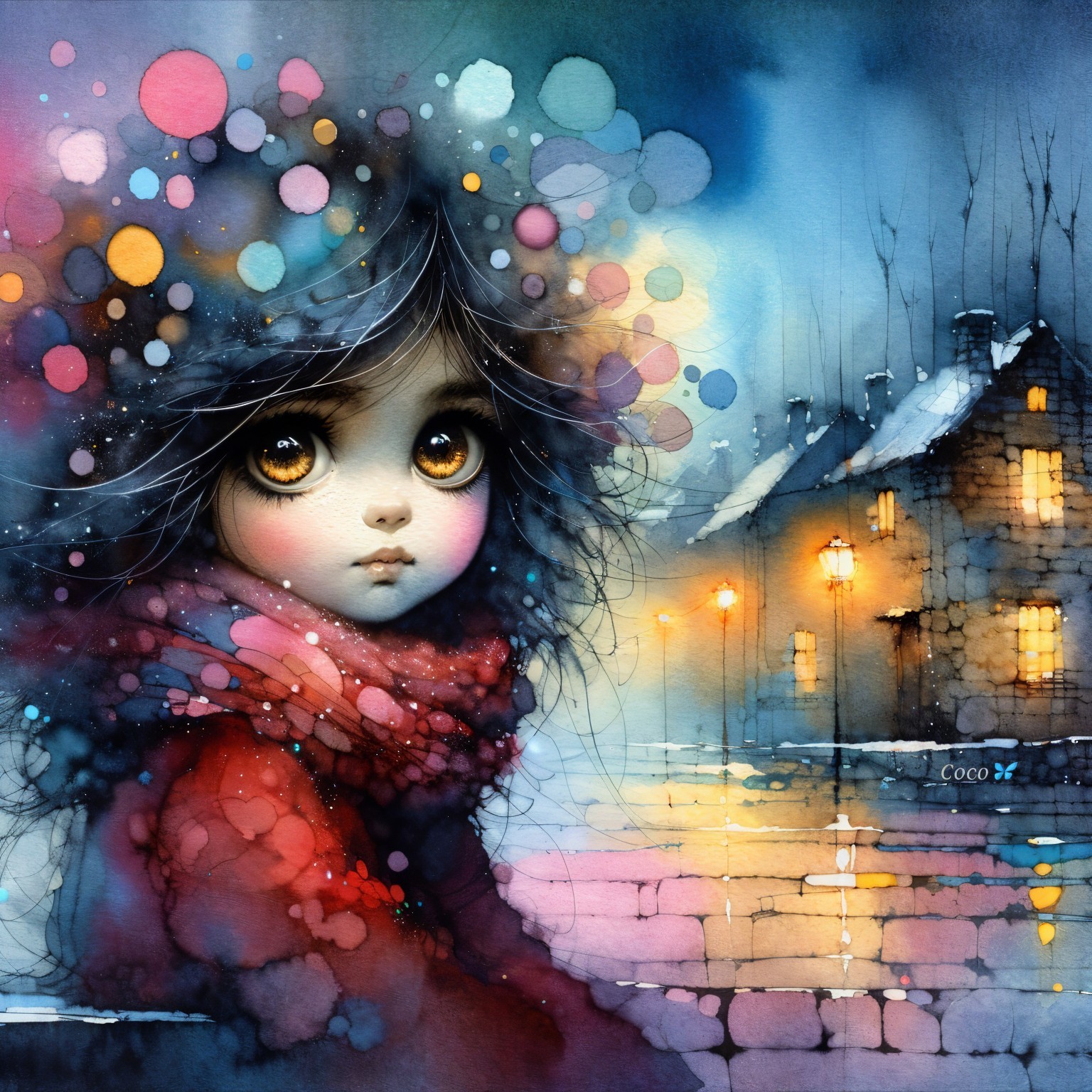 Watercolor Illustration of a Girl in a Snowy Scene