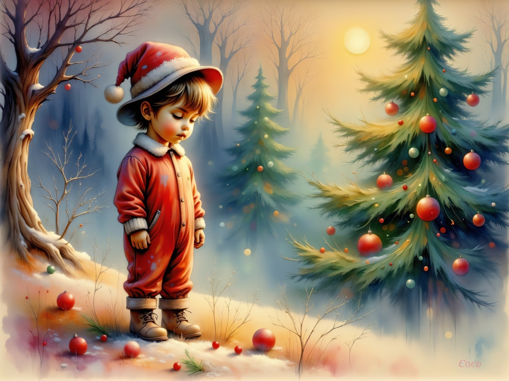Child in Santa suit in serene winter landscape