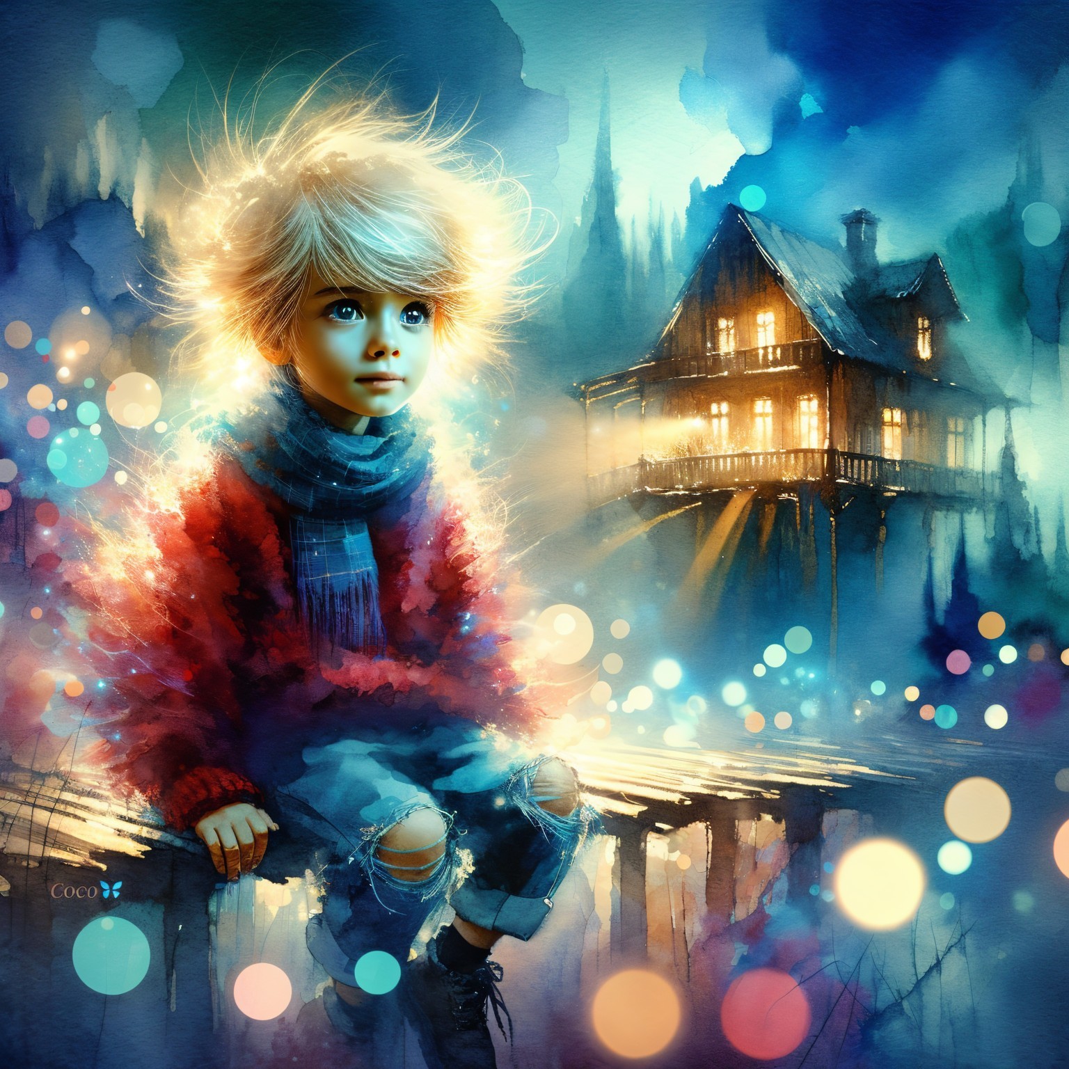 Dreamy Scene of Child by Cabin in Enchanted Forest