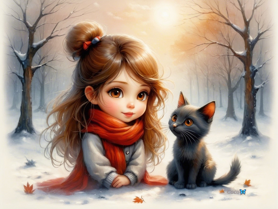 Young girl with cat in snowy landscape at sunset