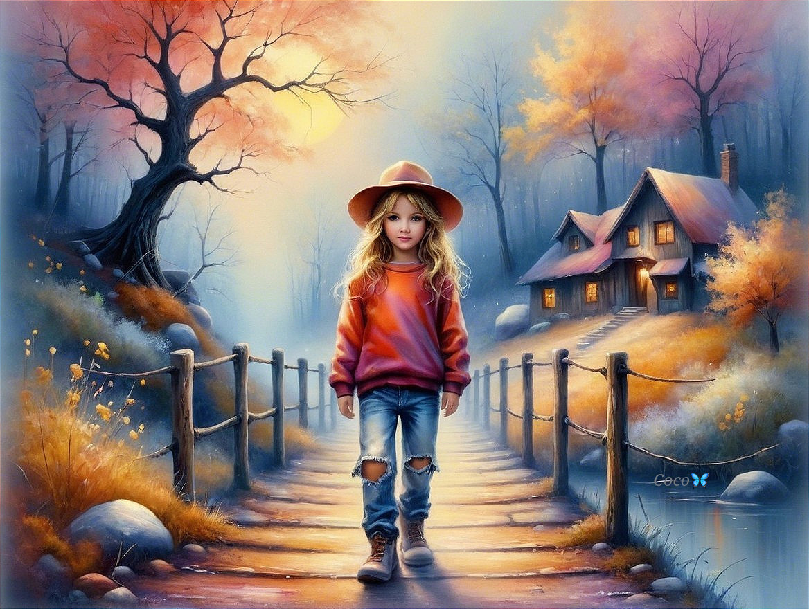 Autumn Landscape with a Girl on a Wooden Path