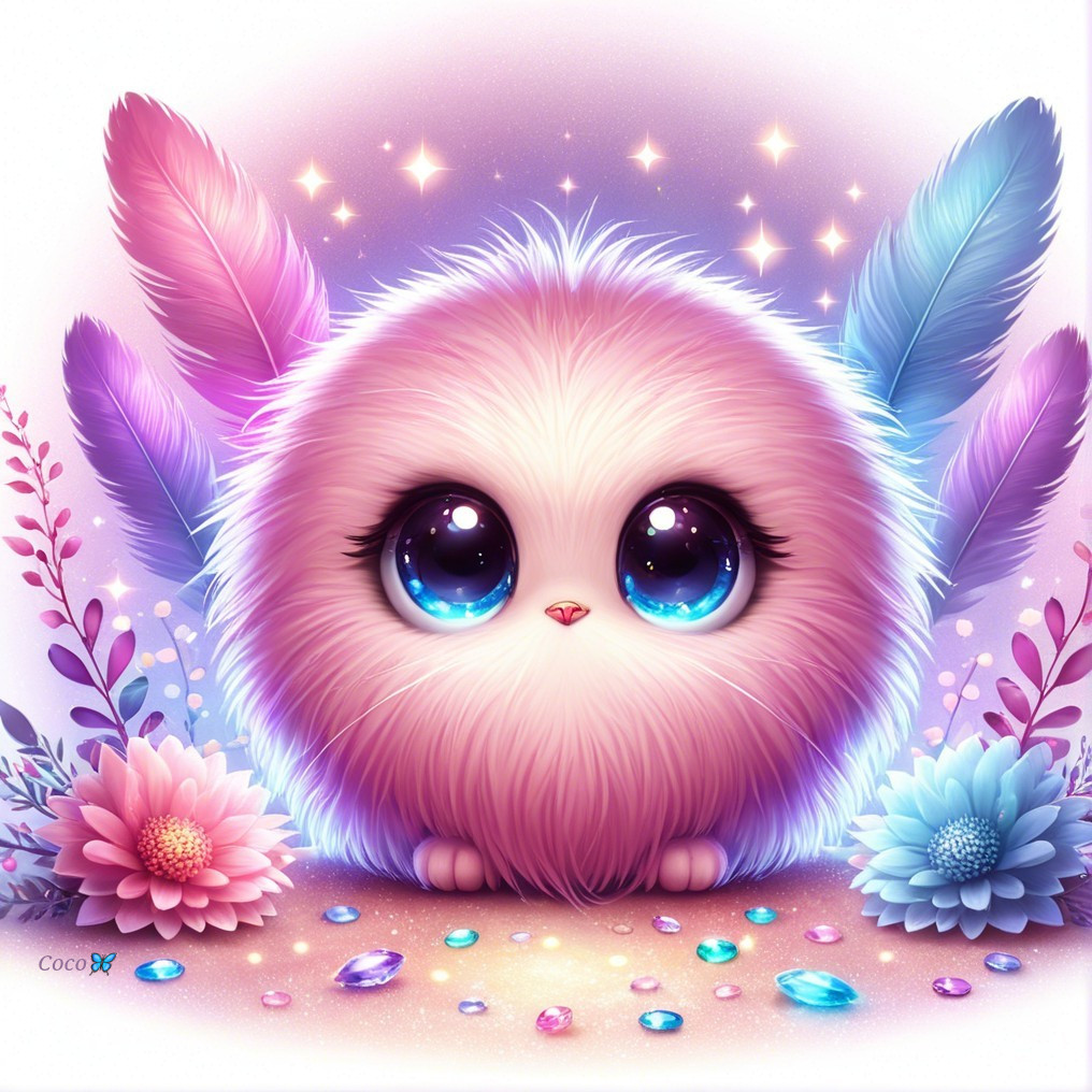 Fluffy Creature Surrounded by Flowers and Gems