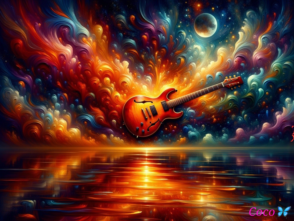 Surreal Scene with Floating Guitar and Colorful Clouds