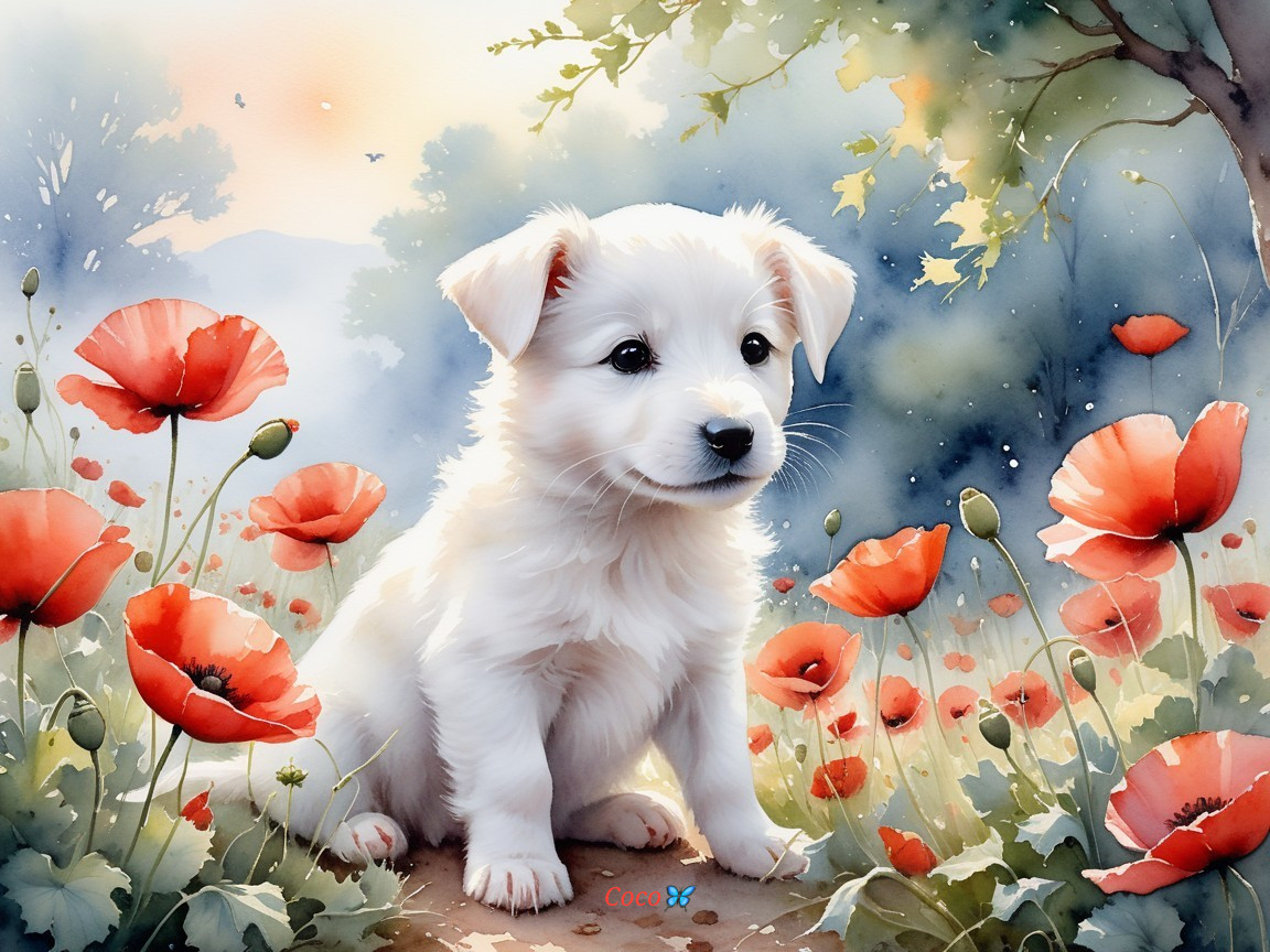 Fluffy White Puppy in a Field of Red Poppies