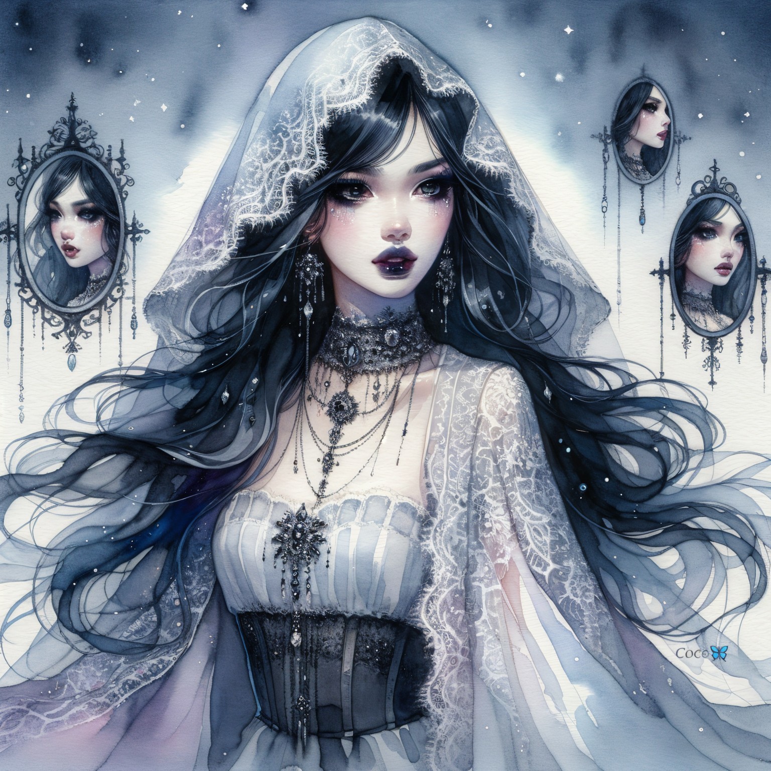 Mysterious Figure in White Gown Surrounded by Mirrors