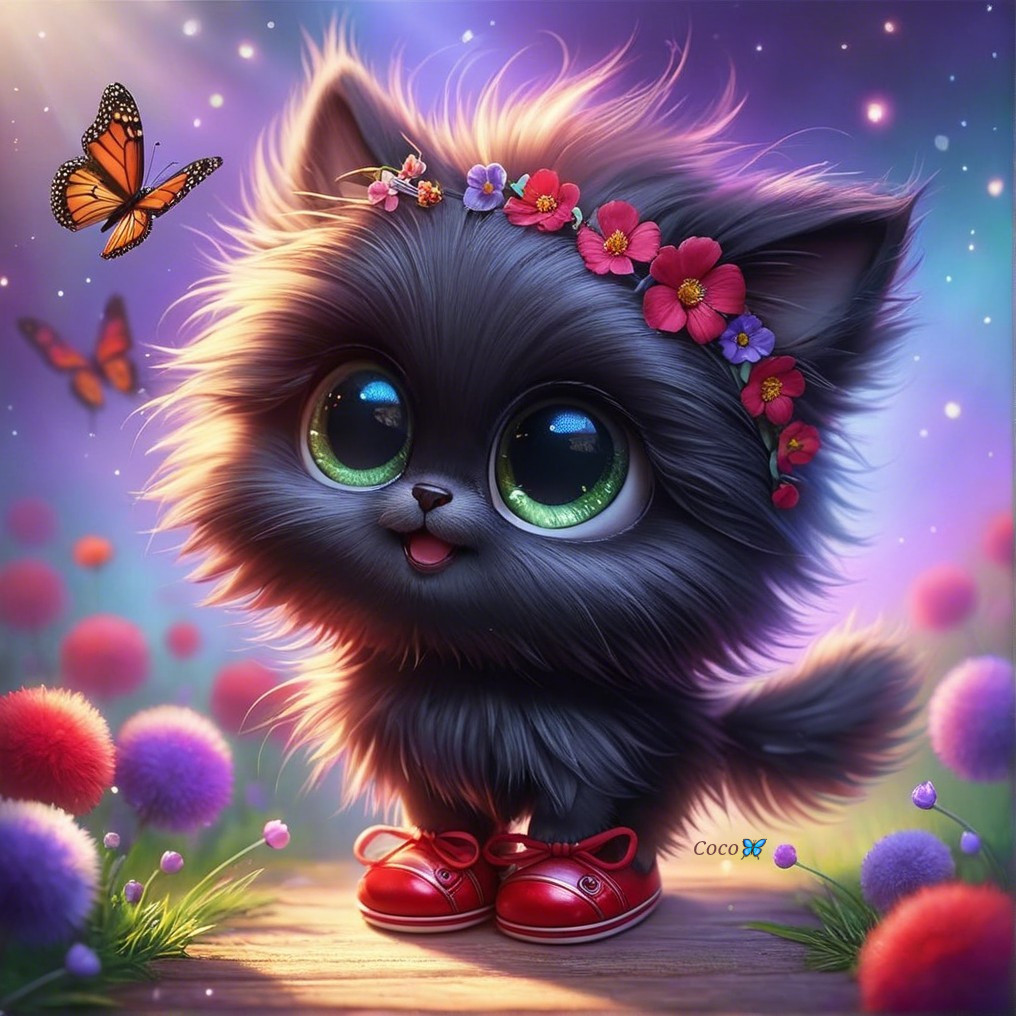 Fluffy Black Kitten in a Whimsical Garden Setting