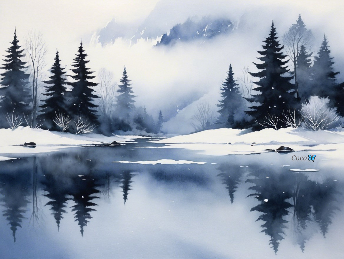 Serene Winter Landscape with River and Snow-Covered Banks
