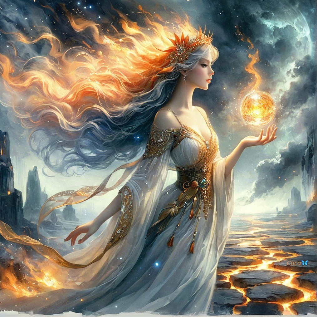 Mystical Figure in White Gown with Luminous Sphere