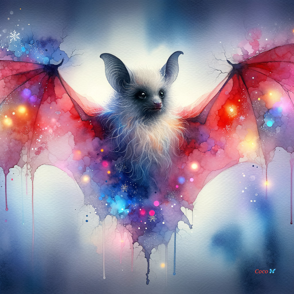 Whimsical Illustration of a Cosmic Bat with Colorful Wings