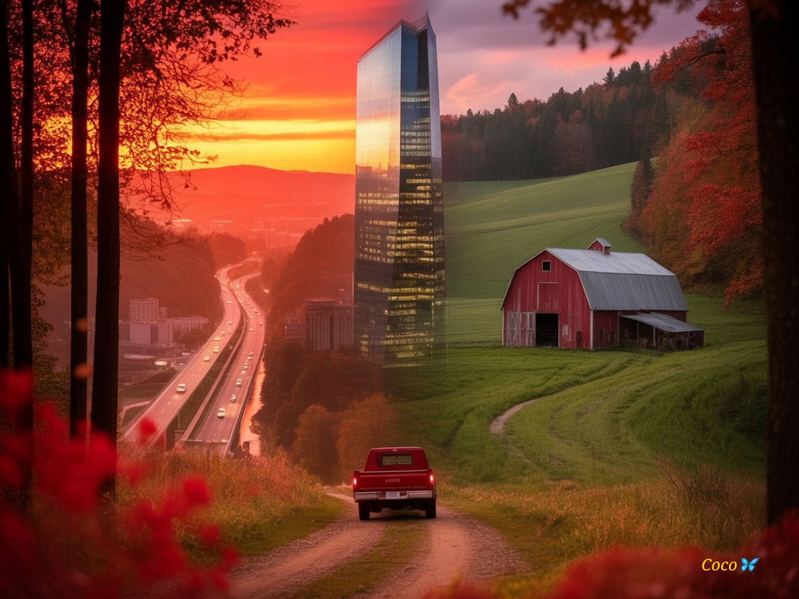 Serene Sunset Landscape with Urban and Rural Elements