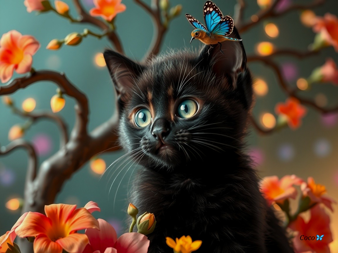 Black Kitten with Blue Eyes and Butterfly in Nature