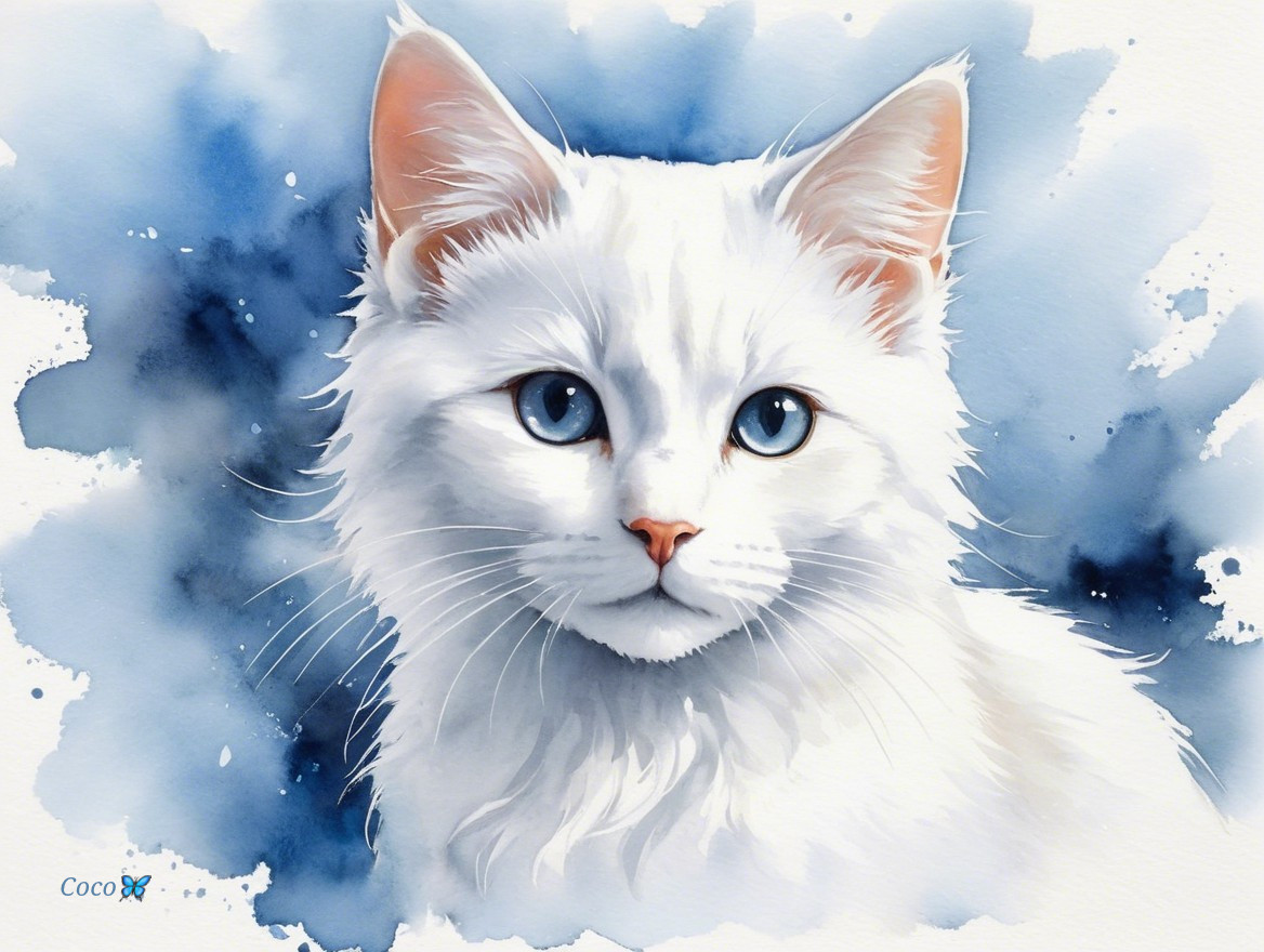 Watercolor Painting of White Cat with Blue Eyes