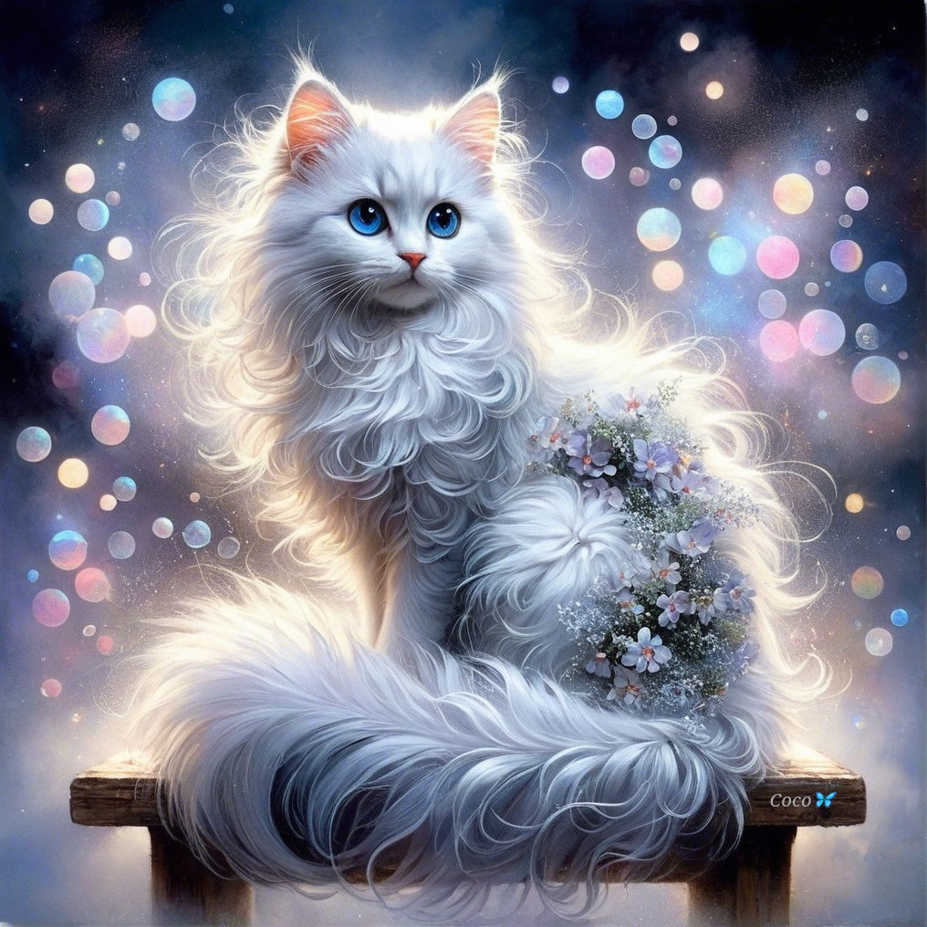 Majestic White Cat with Fluffy Fur and Blue Eyes