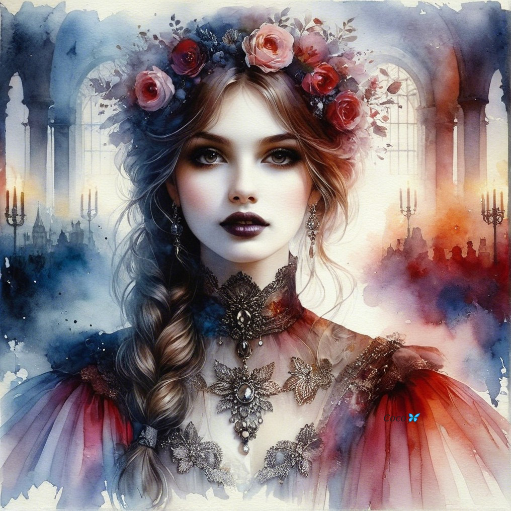 Illustration of a Woman in Floral Adornments and Gown