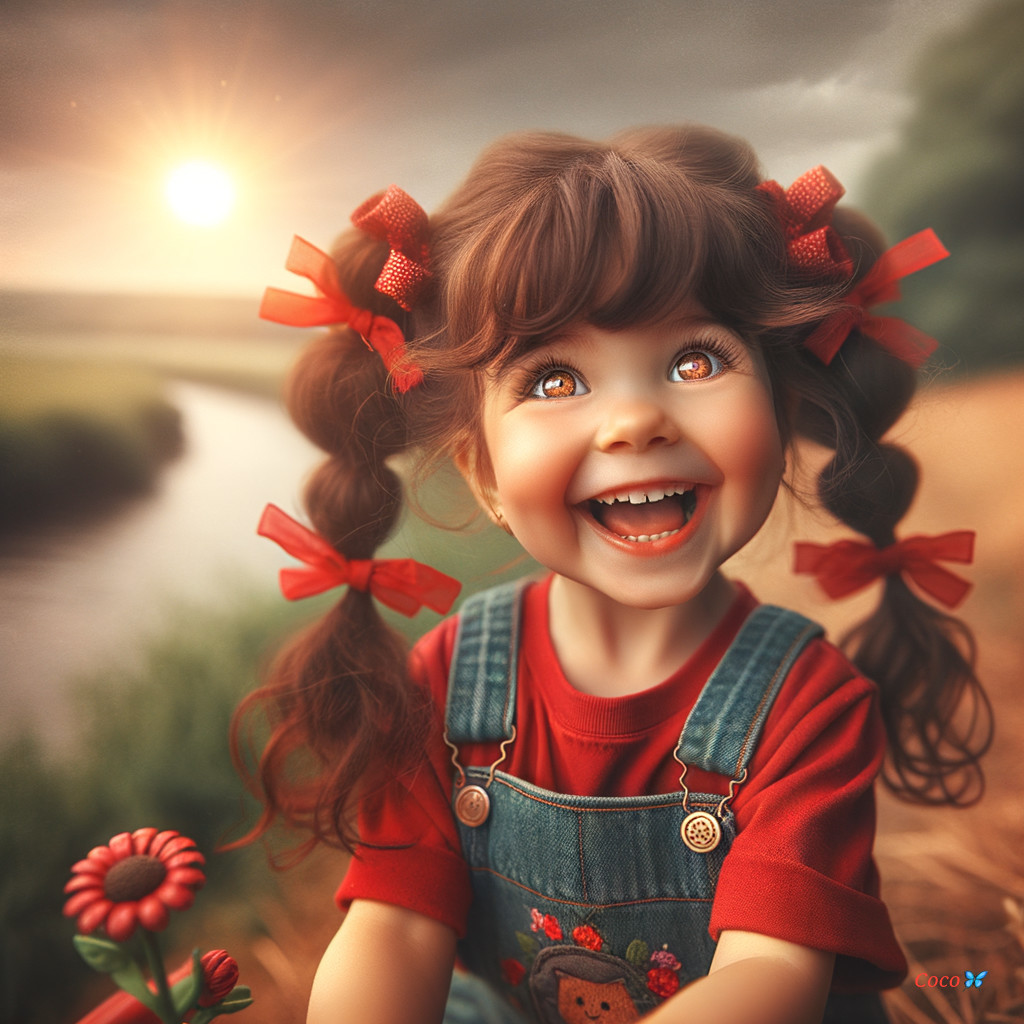 Cheerful Girl with Pigtails in Serene Landscape