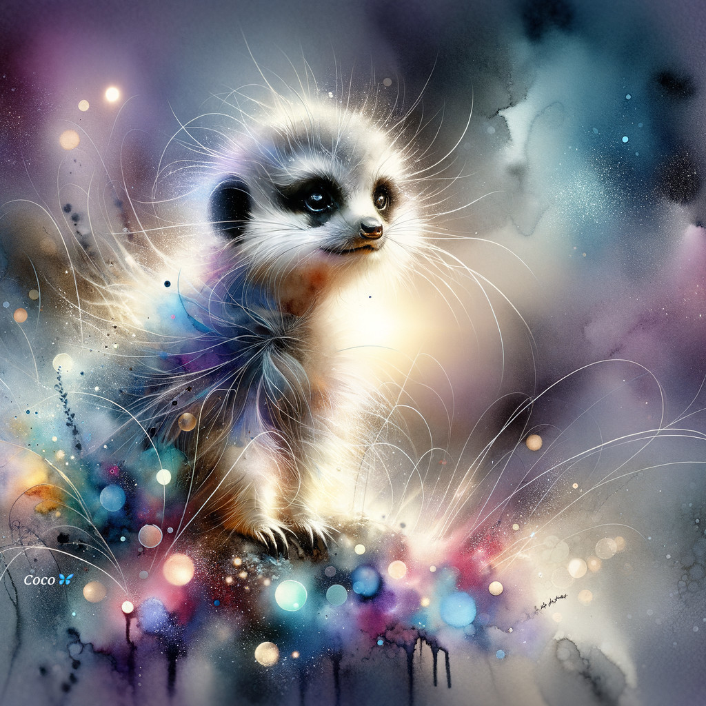 Dreamy Illustration of a Young Meerkat with Orbs