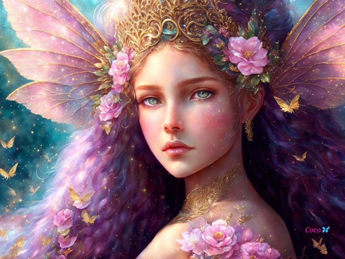 Fairy with Lavender Hair and Butterfly Wings in Pastels