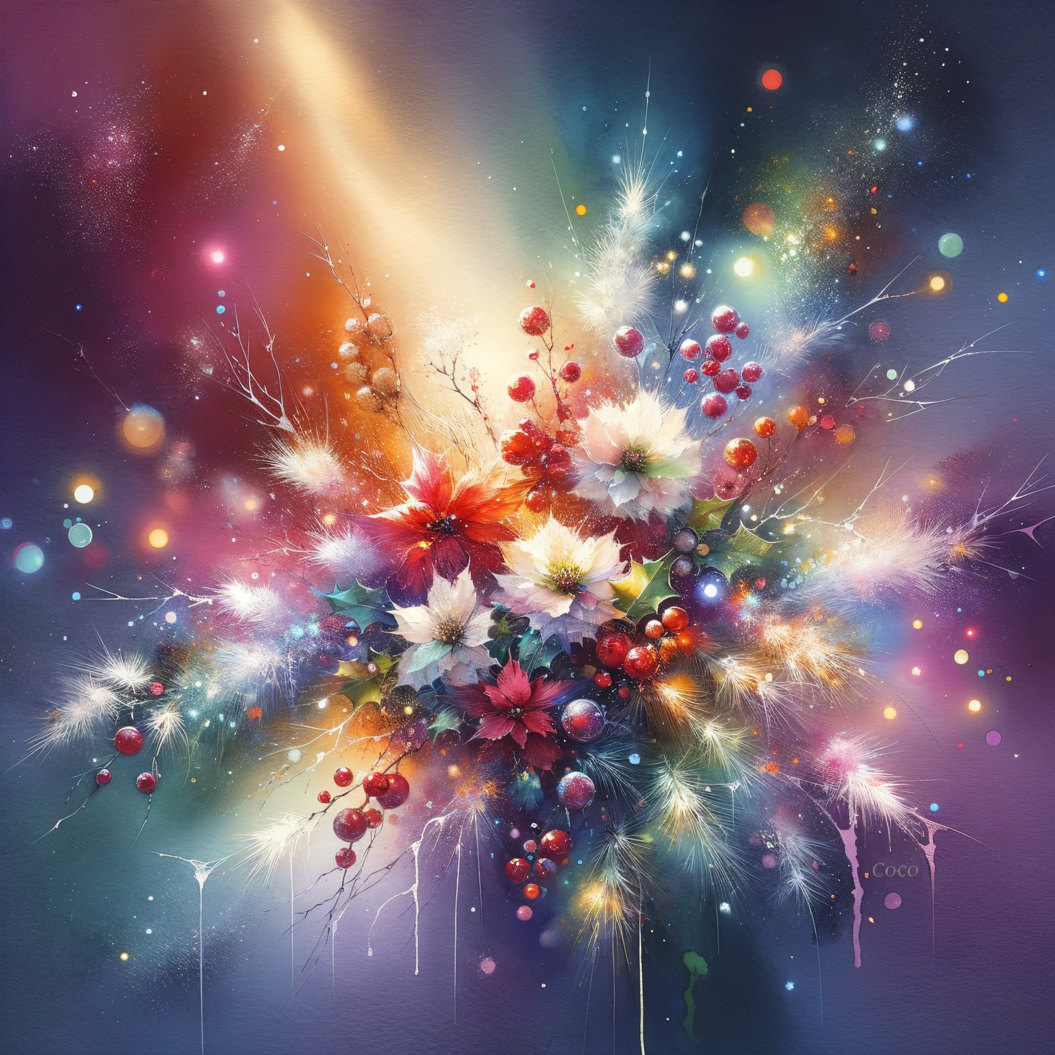 Vibrant Abstract Watercolor of Christmas Bouquets