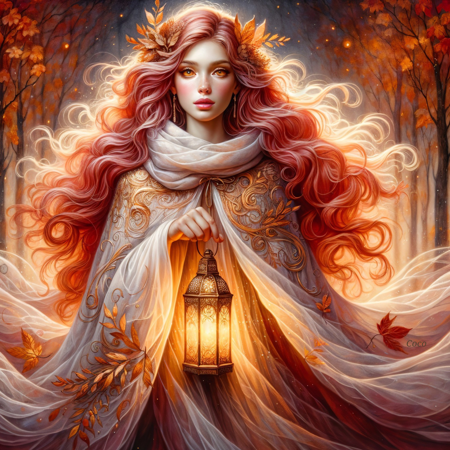 Mystical Figure in Enchanted Forest with Lantern