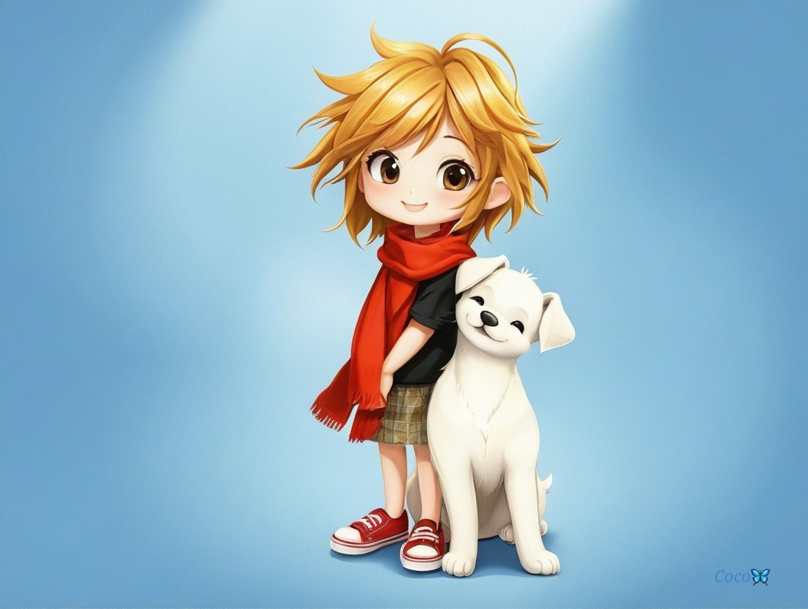 Cheerful Character with Dog Against Blue Background