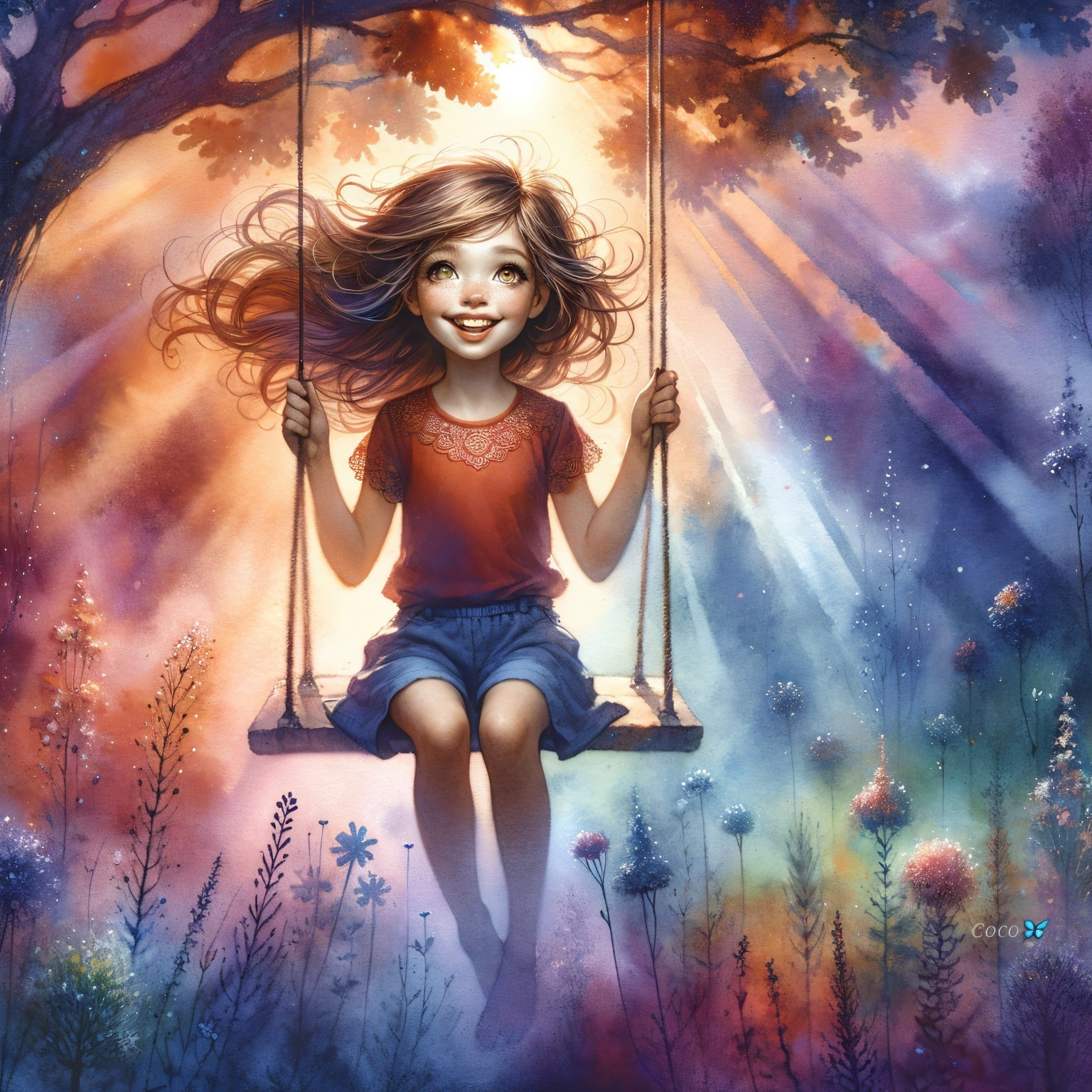 Joyful girl swinging in a colorful enchanted forest