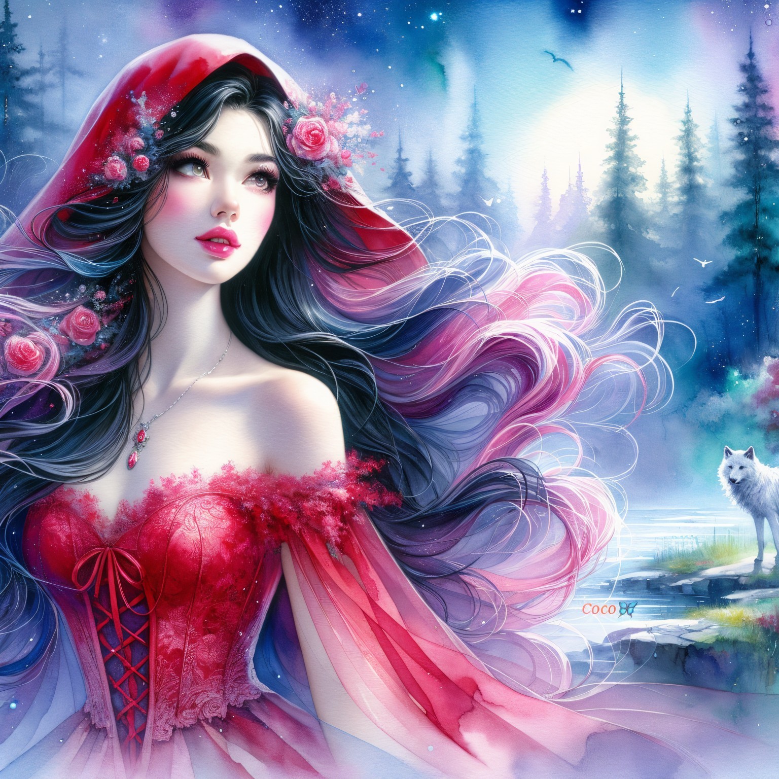 Ethereal Digital Painting of a Woman in Red Gown