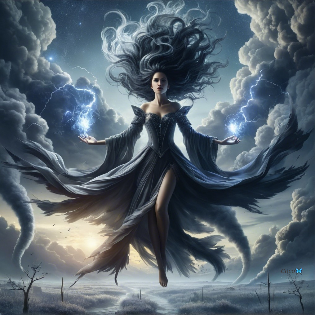 Mystical Figure Conjuring Lightning in Stormy Sky