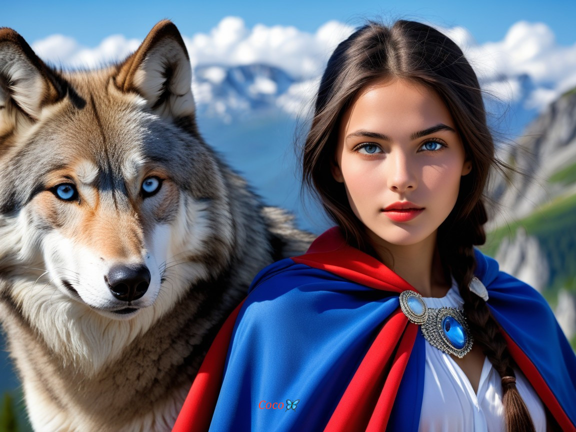 Young woman with wolf in a mountainous landscape