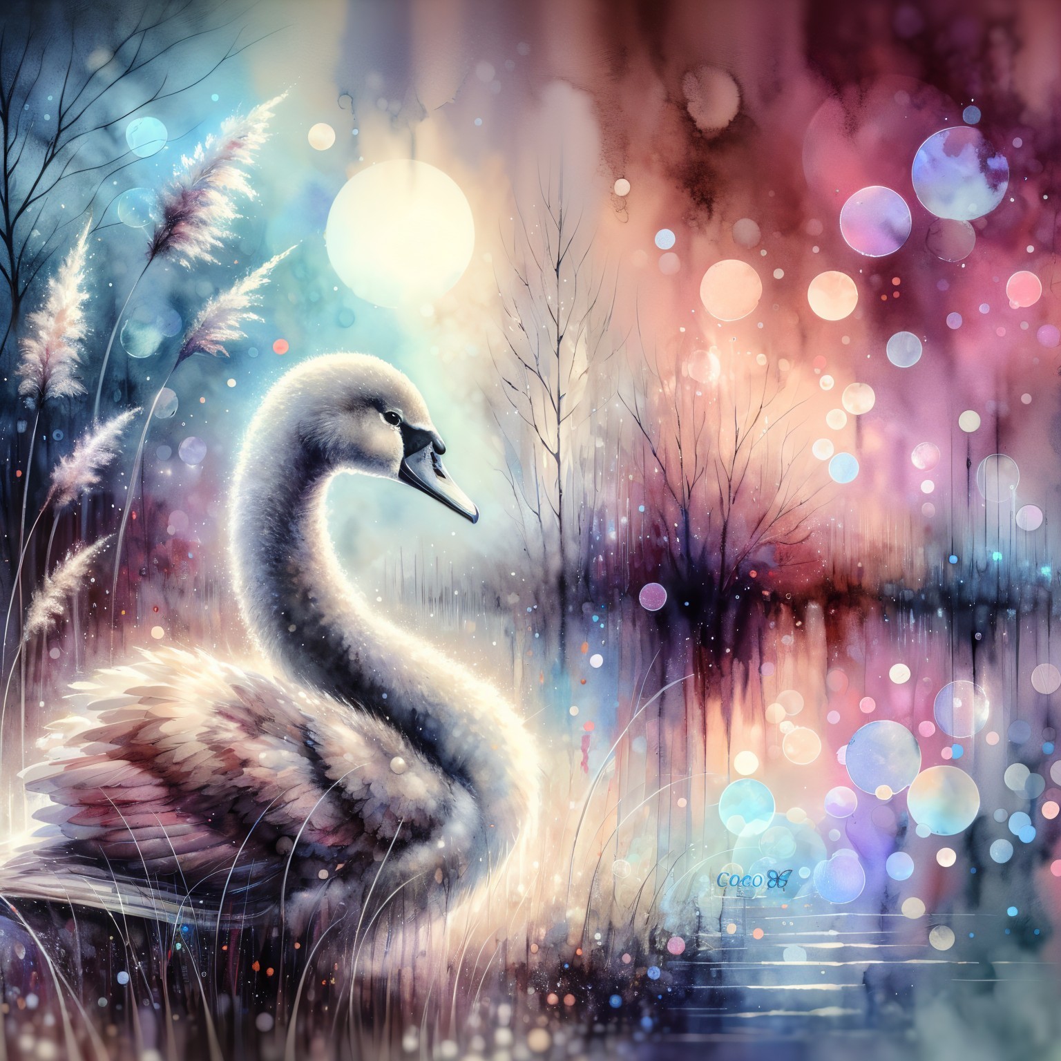 Serene Swan in a Tranquil Pond with Dreamy Colors