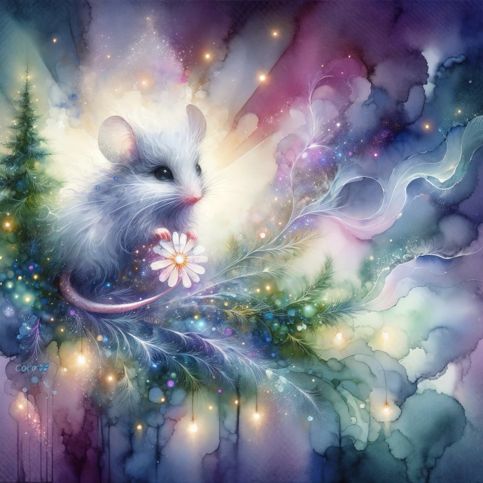 Whimsical Digital Artwork of Charming Mouse and Daisy