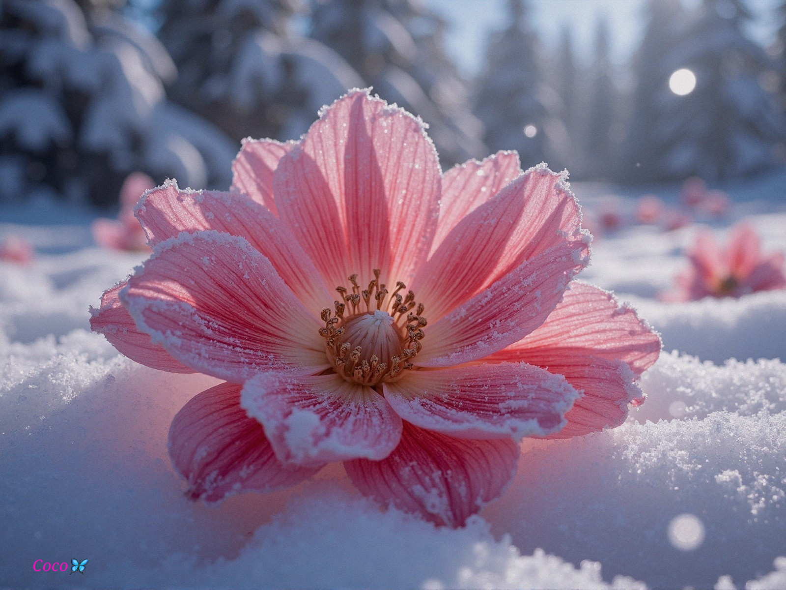 Pink Flower Blooming in Snowy Landscape with Frost