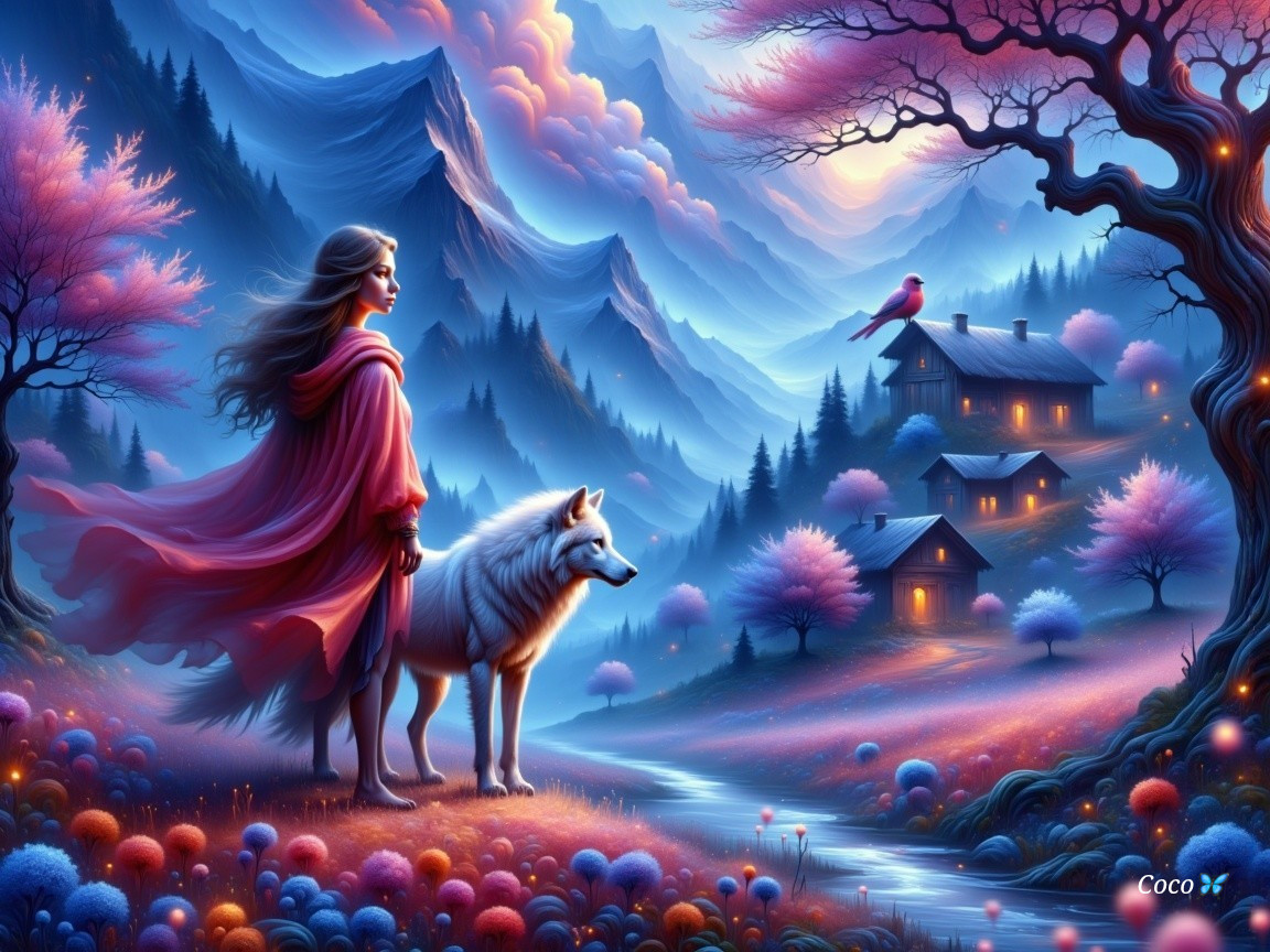 Vibrant landscape with woman, wolf, and whimsical flora