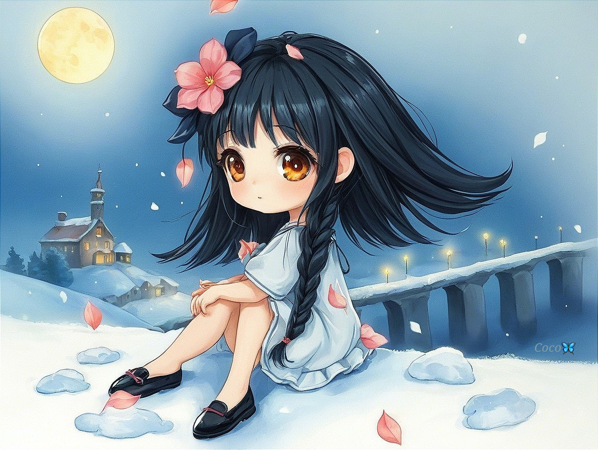 Anime girl in snowy landscape with pink flower