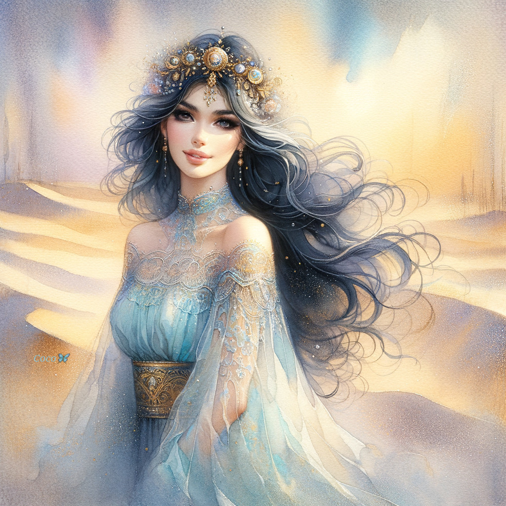 Serene figure in blue gown with jeweled crown in desert