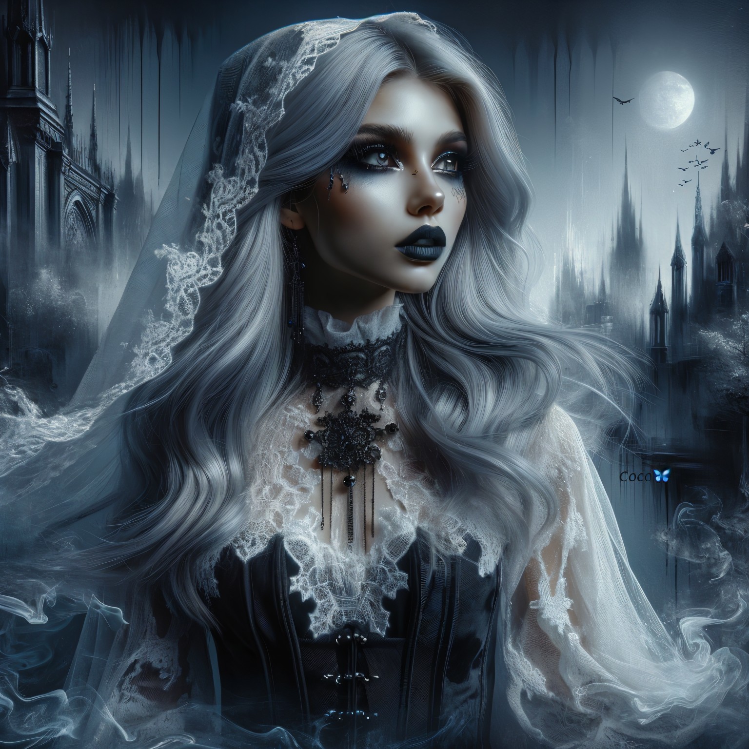 Gothic Figure with Silver Hair in Eerie Setting